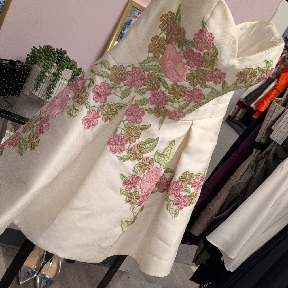 Jovani Ivory Dress with Pink and Green Floral Design - Picture 4 of 11